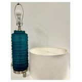 Teal Glass Table Lamp - Diamond-Pattern Base & White Drum Shade