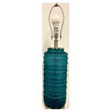 Teal Glass Table Lamp - Diamond-Pattern Base & White Drum Shade