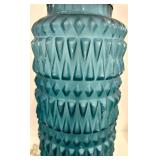 Teal Glass Table Lamp - Diamond-Pattern Base & White Drum Shade