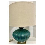 Turquoise Textured Glass Table Lamp - Brass Base & Beige Drum Shade - #1