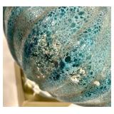 Turquoise Textured Glass Table Lamp - Brass Base & Beige Drum Shade - #1