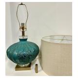 Turquoise Textured Glass Table Lamp - Brass Base & Beige Drum Shade - #2