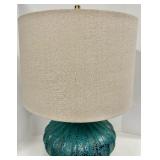 Turquoise Textured Glass Table Lamp - Brass Base & Beige Drum Shade - #2