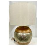 Wooden Sphere Lamp with Foil-Wrapped Base & Beige Drum Shade - #1