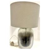 Mid-Century Ribbed Glass Table Lamp - Gray Linen Drum Shade & Chrome Harp