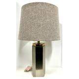 Modern Hexagonal Chrome Table Lamp & Gray Linen Drum Shade