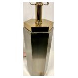 Modern Hexagonal Chrome Table Lamp & Gray Linen Drum Shade