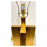 Mid-Century Modern Block Table Lamp with White Shade & Brass Accents