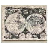 World Map Engraving & Antique Double Hemisphere Pair of Globes Wall Art