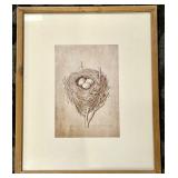 Antique Bird Nest Illustration Print in Wood Frame & Three Eggs