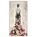 Canvas Painting - Back View of Woman in Black Gown Adorned with Floral Bouquet Details