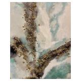 Abstract Canvas Painting - Teal & White with Gold Glitter Accents - #1