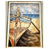 Seascape Canvas Painting - Coastal Boat at Shore, Framed