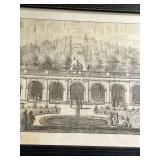 Antique Engraved Print Framed: Neoclassical Garden Pavilion & Fountain Scene