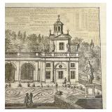 Antique Engraved Print Framed: Neoclassical Garden Pavilion & Fountain Scene
