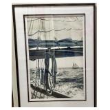 Framed Nautical Photograph - Black & White Sailboat Rigging Scene on the Open Sea