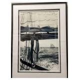 Framed Nautical Photograph - Black & White Sailboat Rigging Scene on the Open Sea