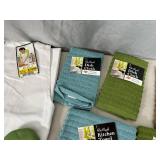 Assorted New Kitchen Towels, Pot Holders, Apron, Dish Cloths, and More