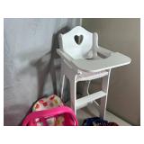 Assorted Toys, Doll Clothing, High Chair, and More