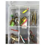 Plastic Tackle Box Full of Fishing Lures - Looks like Most of the Lures are for Ice Fishing