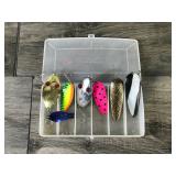Plastic Tackle Box Full of Fishing Lures - Red Eye Wiggler - Little Cleo 3/4 oz - Doctor 265 and More