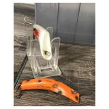 Plastic Plano Tackle Box with 5 Fishing Lures & Knife Sharpener - L&S Spin Mirror Lure - Lazy Ike 3 - Mercoy Mercury Minnow Fishing Lure - X5