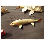 2 Signed hand carved/painted spearing fish decoys and 2 other fish decoys