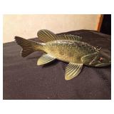 Signed 2009 Hand carved/painted wood Trout spearing fish decoy with metal fins by R. Whittier