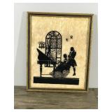 Vintage Reverse Painted Milkweed Silhouette Art Framed - Lady Playing the Piano