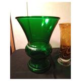 Vintage Napco forest green glass urn-shaped vase,  vinatge amber and white swirl art glass footed vase, Vintage blown glass vase with a subtle green tint