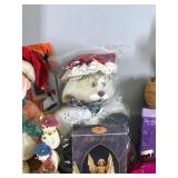 Lot of Christmas Items - Ornaments - Candles - Candle Holders - Lenox Coffee Thermos - Precious Moments Lighted House - Christmas Tags - Figurines and More