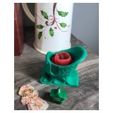 Lot of Christmas Items - Ornaments - Candles - Candle Holders - Lenox Coffee Thermos - Precious Moments Lighted House - Christmas Tags - Figurines and More