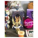 Lot of Christmas Items - Ornaments - Candles - Candle Holders - Lenox Coffee Thermos - Precious Moments Lighted House - Christmas Tags - Figurines and More