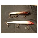 1 Vintage wooden and 1 plastic with glass eyes musky lures