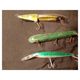 3 Vintage wood/metal Musky fishing lures (1 has jointed body)