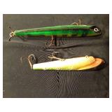 1 Vintage wooden and 1 plastic Musky fishing lures