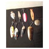 2 Large daredevils, Hecters Glass eye spoon, Vintage round metal lure, 300 Series Lou J. Eppinger Huskie Delve, Red Eye Musky Hoffschneider spoon, 2 Big Doctor 285 spoons and more