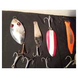 2 Large daredevils, Hecters Glass eye spoon, Vintage round metal lure, 300 Series Lou J. Eppinger Huskie Delve, Red Eye Musky Hoffschneider spoon, 2 Big Doctor 285 spoons and more