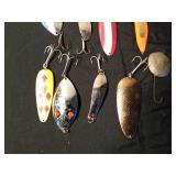 2 Large daredevils, Hecters Glass eye spoon, Vintage round metal lure, 300 Series Lou J. Eppinger Huskie Delve, Red Eye Musky Hoffschneider spoon, 2 Big Doctor 285 spoons and more