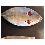 2 Large daredevils, Hecters Glass eye spoon, Vintage round metal lure, 300 Series Lou J. Eppinger Huskie Delve, Red Eye Musky Hoffschneider spoon, 2 Big Doctor 285 spoons and more