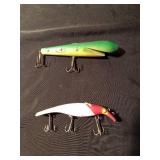 Vintage Homer LeBlanc Swim Whizz fishing lure and a wooden Musky fishing lure