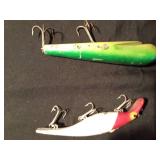 Vintage Homer LeBlanc Swim Whizz fishing lure and a wooden Musky fishing lure