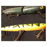 Customed painted Rapala Down deep Husky Jerk fishing lure and a vintage wooden jointed body Musky fishing lure
