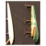 Vintage wooden Musky fishing lure and a Rapala 3 hook fishing lure