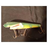 Vintage wooden Musky fishing lure and a Rapala 3 hook fishing lure