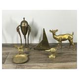 Lot of 5 Brass Items - Duck Head - Sail Boat - Moose Ashtray - Deer - 1940’s Brass Neoclassical Empire 3 Goat Head Hoof Incense Burner
