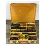 Magnum Plano Double Side Tackle Box Full of Artificial Rubber Fishing Baits and a Few Bass Bait Spinners
