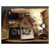 Flat of jewelry including a Jade necklace/earring set and a sterling silver Irish Hall marked pin