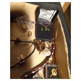 Flat of jewelry including a Jade necklace/earring set and a sterling silver Irish Hall marked pin