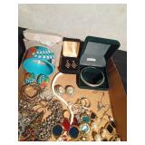 Flat of jewelry including 14K Gold earrings from Italy, Celtic Silver bracelet and Lisner earrings
